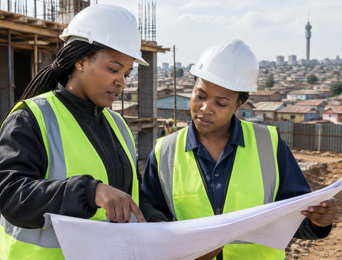 Two women in safety gear reviewing site plans